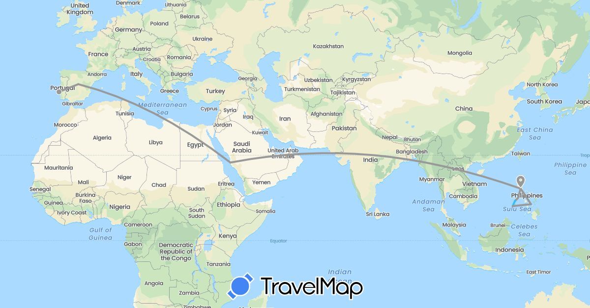 TravelMap itinerary: driving, plane, boat in Spain, Philippines, Portugal, Saudi Arabia (Asia, Europe)